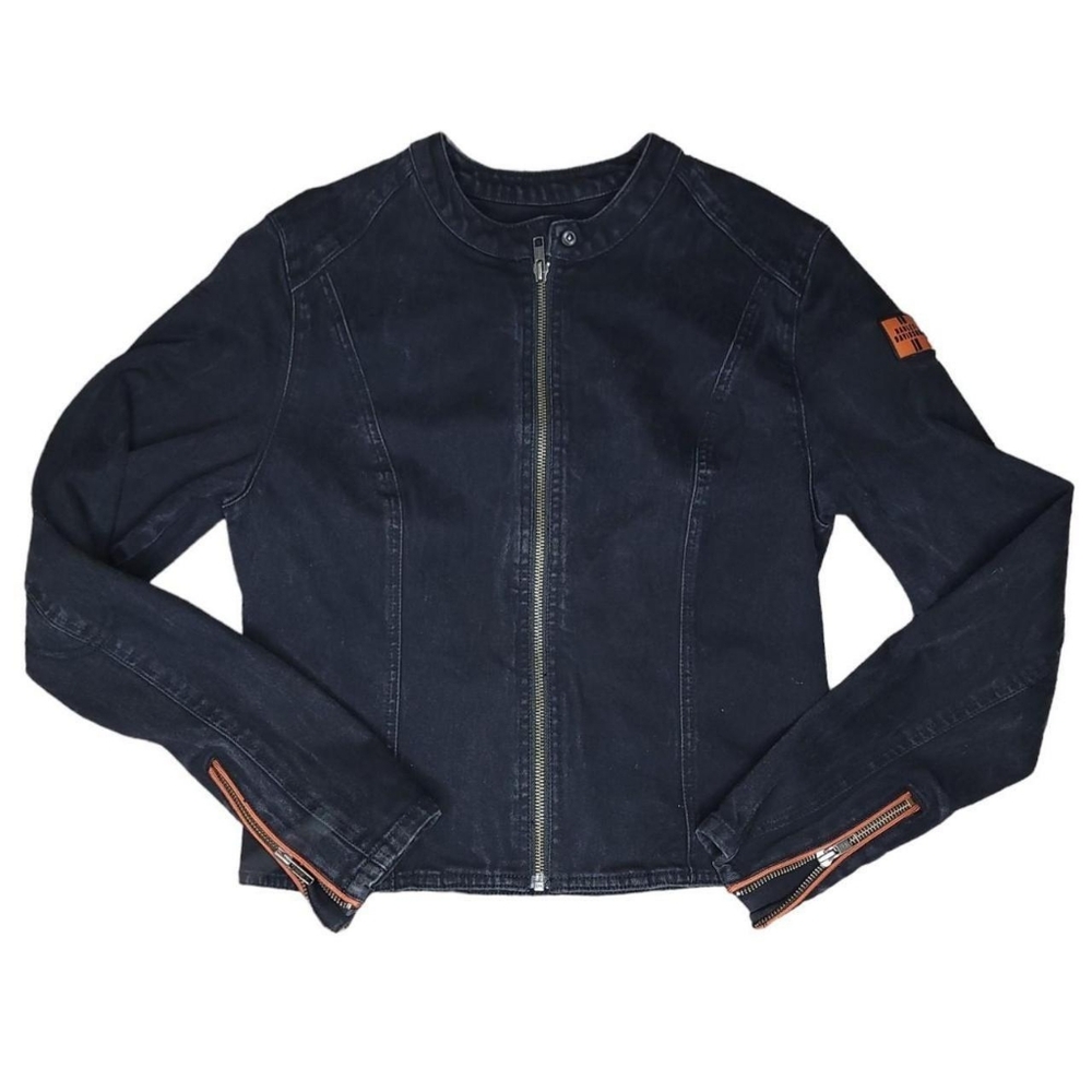 Harley davidson faded black grey denim jacket size medium embroidered orange